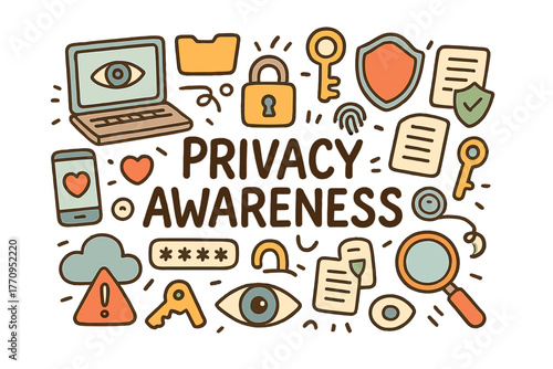 Privacy Awareness Illustration. Privacy Awareness. Hand-drawn doodle illustration of privacy awareness. Laptop