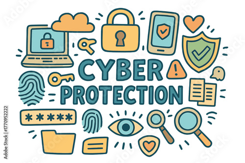 Cyber Security Icons. Cyber Protection. Hand-drawn doodle illustration of cyber protection. Padlock, laptop,
