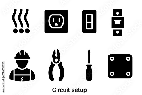 Circuit Setup Icons. Circuit setup. Filled icon set of circuit setup: wiring, outlet, switch, circuit breaker,