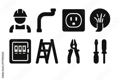 Commercial Electrical Icons. Commercial electrical work. Filled icon set of commercial electrical work: