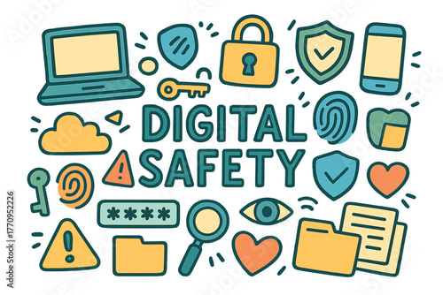 Digital Safety Doodle. Digital Safety. Hand-drawn doodle illustration of digital safety. Laptop, smartphone,