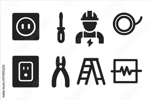 Outlet Installation Icons. Outlet installation. Filled icon set of outlet installation: outlet, screwdriver,