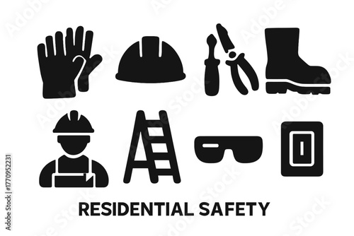 Residential Safety Icons. Residential safety. Filled icon set of residential safety: gloves, helmet, insulated