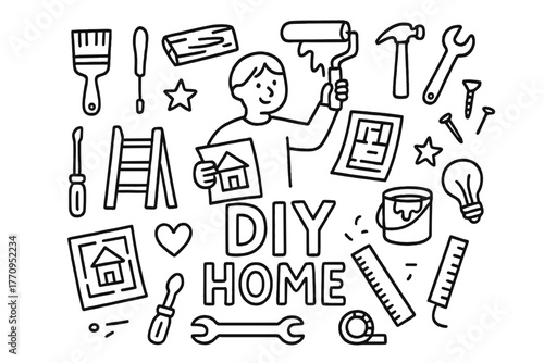 DIY Home Doodles. DIY home decor and renovation projects. Hand-drawn doodle illustration of DIY home decor and