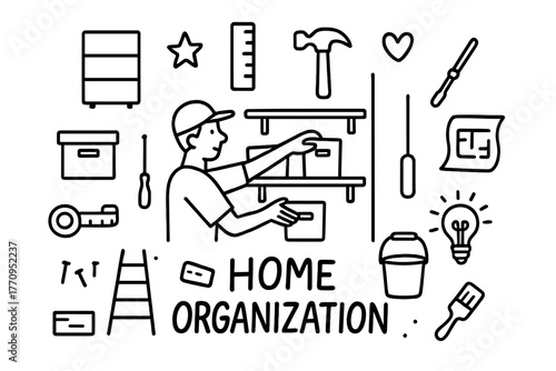 Home Organization Doodles. Home organization. Hand-drawn doodle illustration of home organization. In the