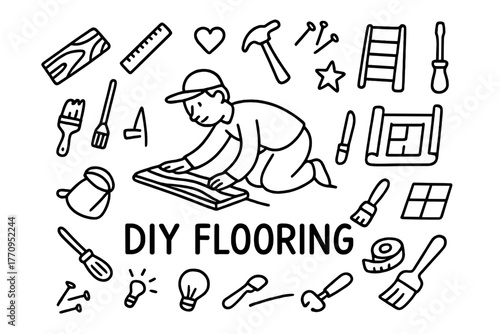DIY Flooring Doodles. DIY flooring. Hand-drawn doodle illustration of DIY flooring. In the middle, one