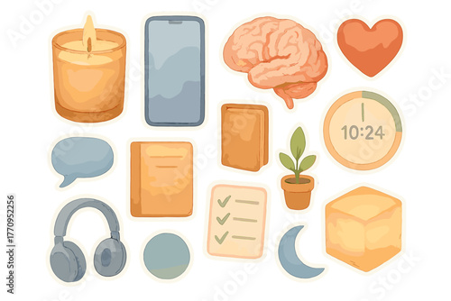 Watercolor Wellness Stickers. Mental wellness toolkit. Realistic hand-painted watercolor style sticker sheet