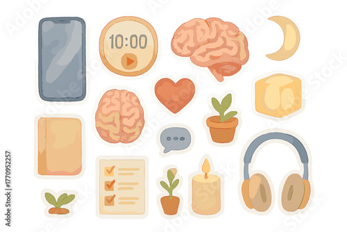 Digital Wellness Stickers. Digital wellness collection. Realistic hand-painted watercolor style sticker sheet