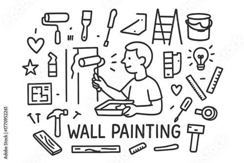 Doodle Wall Painting Scene. Wall painting. Hand-drawn doodle illustration of wall painting. In the middle, one
