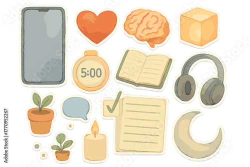 Digital Self-Care Stickers. Digital self-care collection. Realistic hand-painted watercolor style sticker