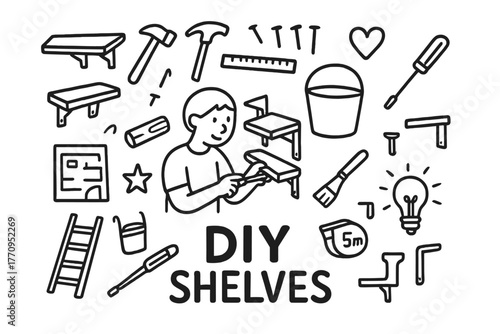 DIY Shelving Doodles. DIY shelving. Hand-drawn doodle illustration of DIY shelving. In the middle, one