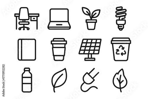Workplace Sustainability Icons. Workplace sustainability. Line outline icon set of workplace sustainability: