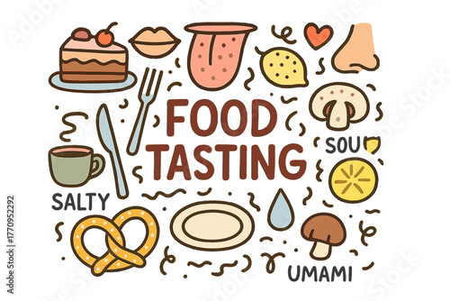 Food Tasting Doodle. Food Tasting. Hand-drawn doodle illustration of food tasting. Tongue, taste buds, fork,