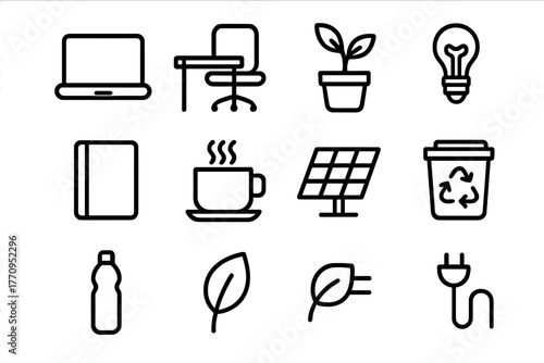 Eco Work Icons. Eco work setup. Line outline icon set of eco work setup: laptop, desk, chair, plant,