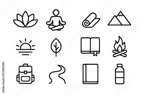 Executive Mindfulness Icons. Executive mindfulness. Line outline icon set of executive mindfulness: lotus