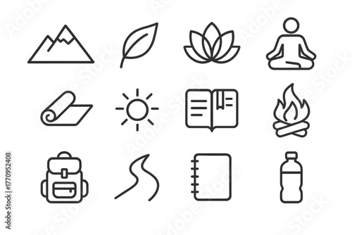 Nature Retreat Icons. Nature leadership retreat. Line outline icon set of nature leadership retreat: mountain,