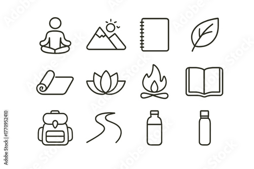 Mindful Retreat Icons. Mindful leadership retreats. Line outline icon set of mindful leadership retreats: