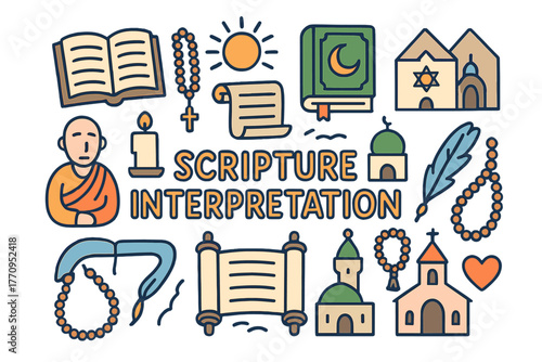 Scripture Symbols Doodle. Scripture Interpretation. Hand-drawn doodle illustration of scripture interpretation