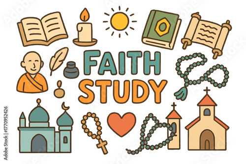Faith Study Doodle. Faith Study. Hand-drawn doodle illustration of faith study. Open book, Bible, Quran, Torah