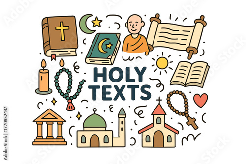Holy Texts Doodle. Holy Texts. Hand-drawn doodle illustration of holy texts. Bible, Quran, Torah, scroll,