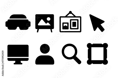 Immersive Art Icons. Immersive art. Filled icon set of immersive art: VR headset, painting, gallery wall,