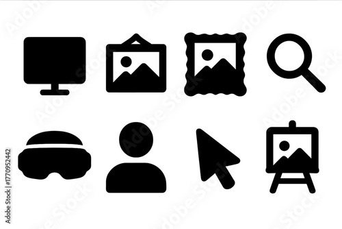 Digital Curation Icons. Digital curation. Filled icon set of digital curation: computer, painting, gallery