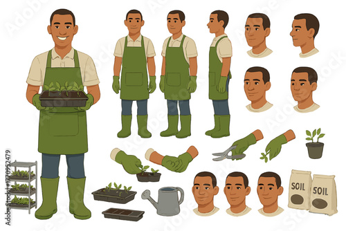 Greenhouse Gardener Scene. Cartoon realistic vector illustration, Character constructor style, isolated