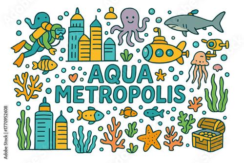 Futuristic Aqua Metropolis. Aqua Metropolis. Hand-drawn doodle illustration of aqua metropolis. Futuristic