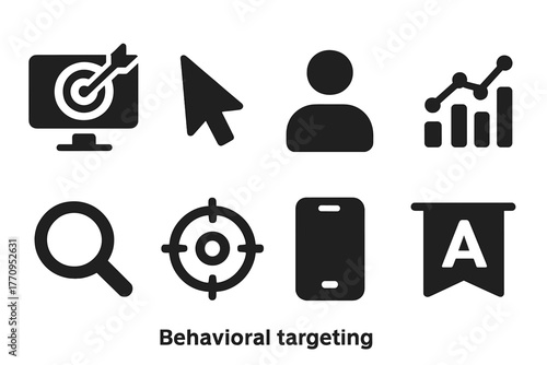 Behavioral Targeting Icons. Behavioral targeting. Filled icon set of behavioral targeting: computer, cursor,