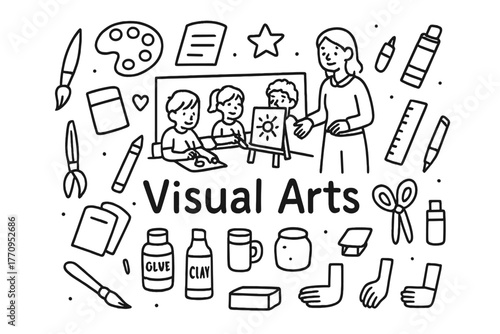 Visual Arts Doodle. Visual arts. Hand-drawn doodle illustration of visual arts. In the middle, one slightly