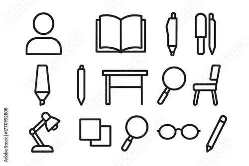 Study Session Icons. Study session. Line outline icon set of study session: person, open book, notebook,