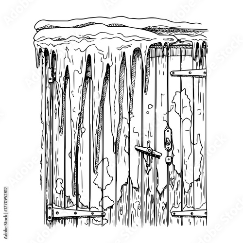Frozen wooden icicles on garage door vector 