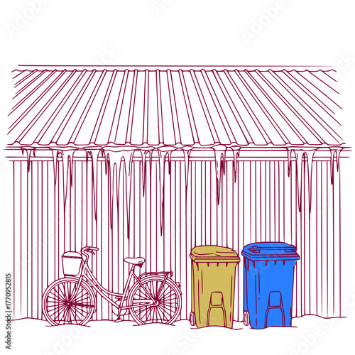 icicles on garage - Bicycle next to colorful trash bins in urban outdoor setting  