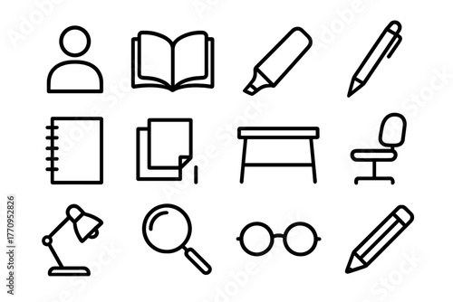 Annotation Icon Set. Active annotation. Line outline icon set of active annotation: person, open book,
