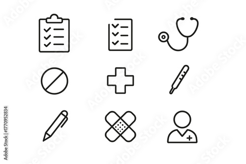 Medical Checklist Icons. Clipboard with medical checklist. Line outline icon set of clipboard with medical