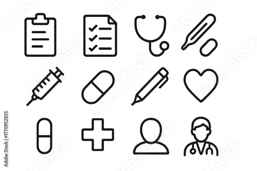 Health Record Icons. Health record tracking. Line outline icon set of health record tracking: clipboard,