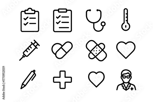 Health Checklist Icons. Health checklist. Line outline icon set of health checklist: clipboard, checklist,