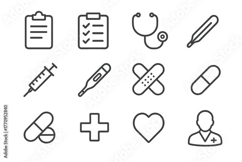 Medical Icons Set. Medical forms. Line outline icon set of medical forms: clipboard, checklist, stethoscope,