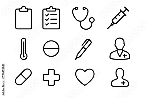 Medical Office Icons. Medical office tools. Line outline icon set of medical office tools: clipboard,