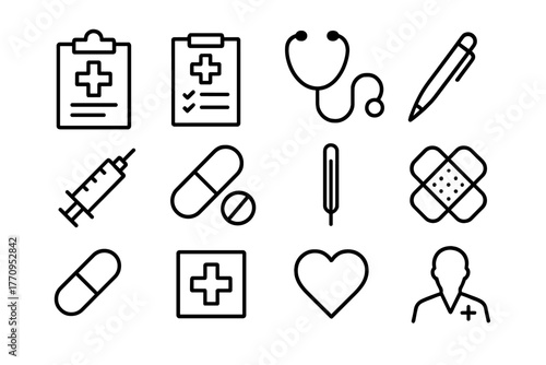 Medical Icon Set. Medical record. Line outline icon set of medical record: clipboard, checklist, stethoscope,