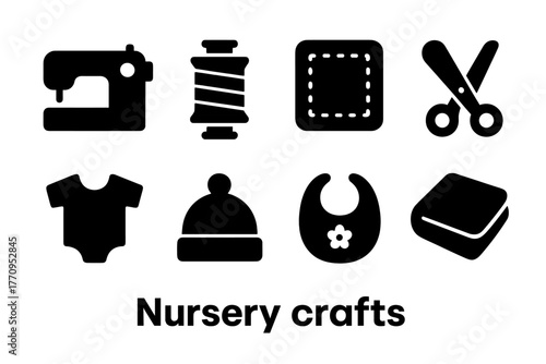 Nursery Craft Icons. Nursery crafts. Filled icon set of nursery crafts: sewing machine, thread, fabric,