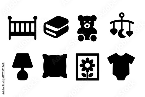 Nursery Icon Set. Nursery decor. Filled icon set of nursery decor: crib, blanket, teddy bear, mobile, lamp,