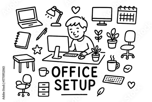 Doodle Home Office. Home office setup. Hand-drawn doodle illustration of home office setup. In the middle, one