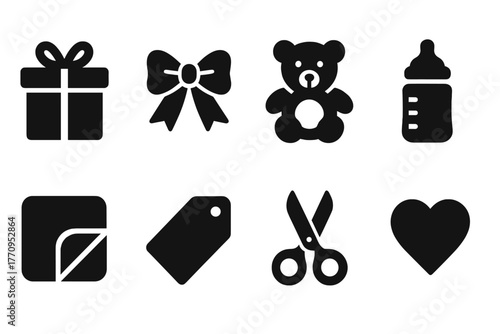 Custom Baby Gift Icons. Custom baby gifts. Filled icon set of custom baby gifts: gift box, ribbon, teddy bear,