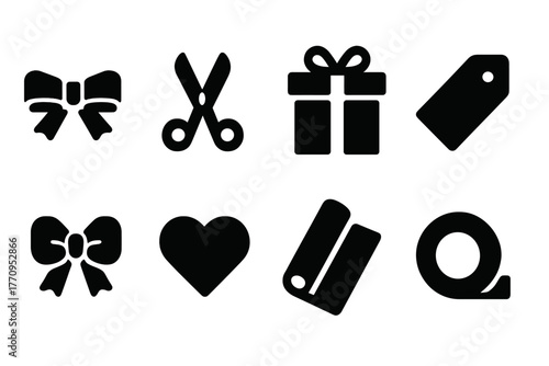 Gift Wrapping Icons. Gift wrapping. Filled icon set of gift wrapping: ribbon, scissors, gift box, tag, bow,