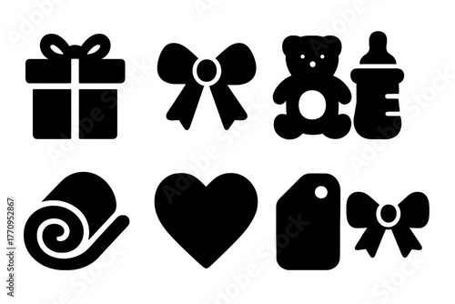 Baby Shower Icons. Baby shower gifts. Filled icon set of baby shower gifts: gift box, ribbon, teddy bear, baby