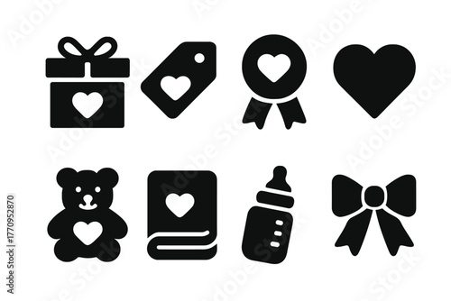 Personalized Gift Icons. Personalized gifts. Filled icon set of personalized gifts: gift box, tag, ribbon,