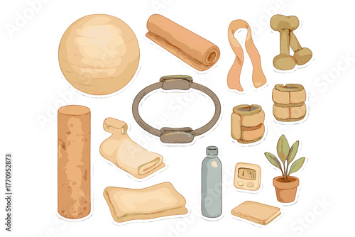 Watercolor Pilates Stickers. Home pilates essentials. Realistic hand-painted watercolor style sticker sheet of