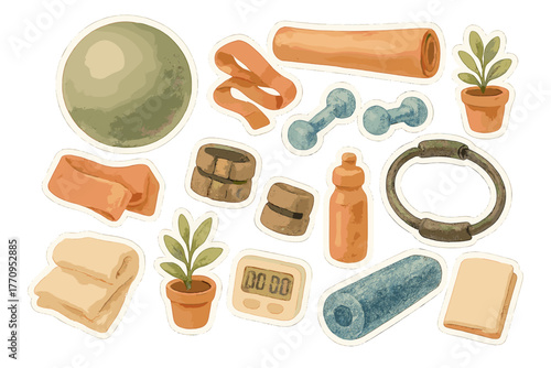 Core Workout Stickers. Core workout essentials. Realistic hand-painted watercolor style sticker sheet of core