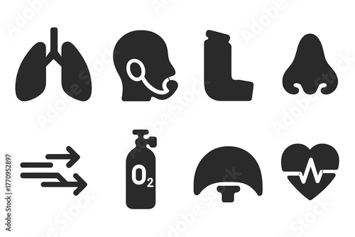 Breathing Icons Set. Breathing and oxygen. Filled icon set of breathing and oxygen: lungs, oxygen mask,